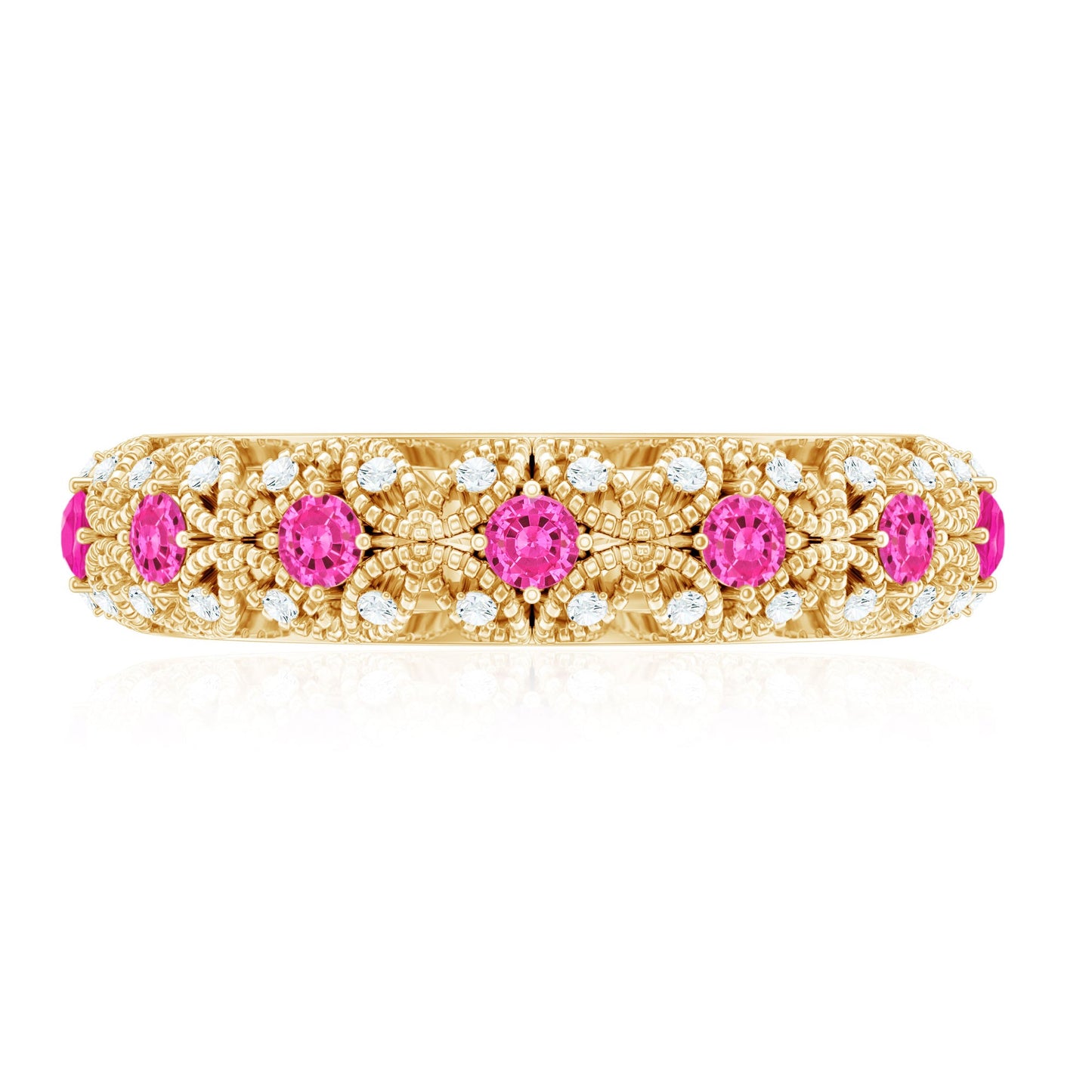 Vintage Inspired Lab Grown Pink Sapphire and Diamond Wedding Band