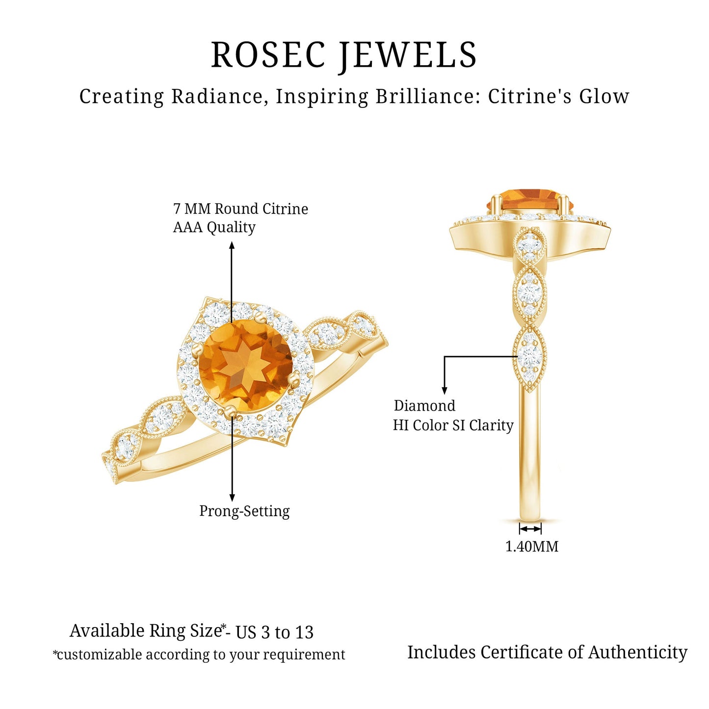 Citrine Vintage Inspired Engagement Ring With Diamond Halo