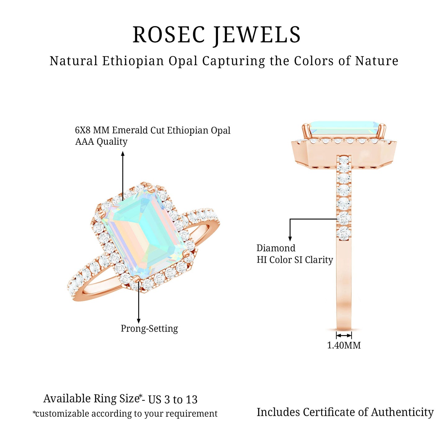 Genuine 2 Carat Ethiopian Opal Emerald Cut Engagement Ring with Diamond Halo