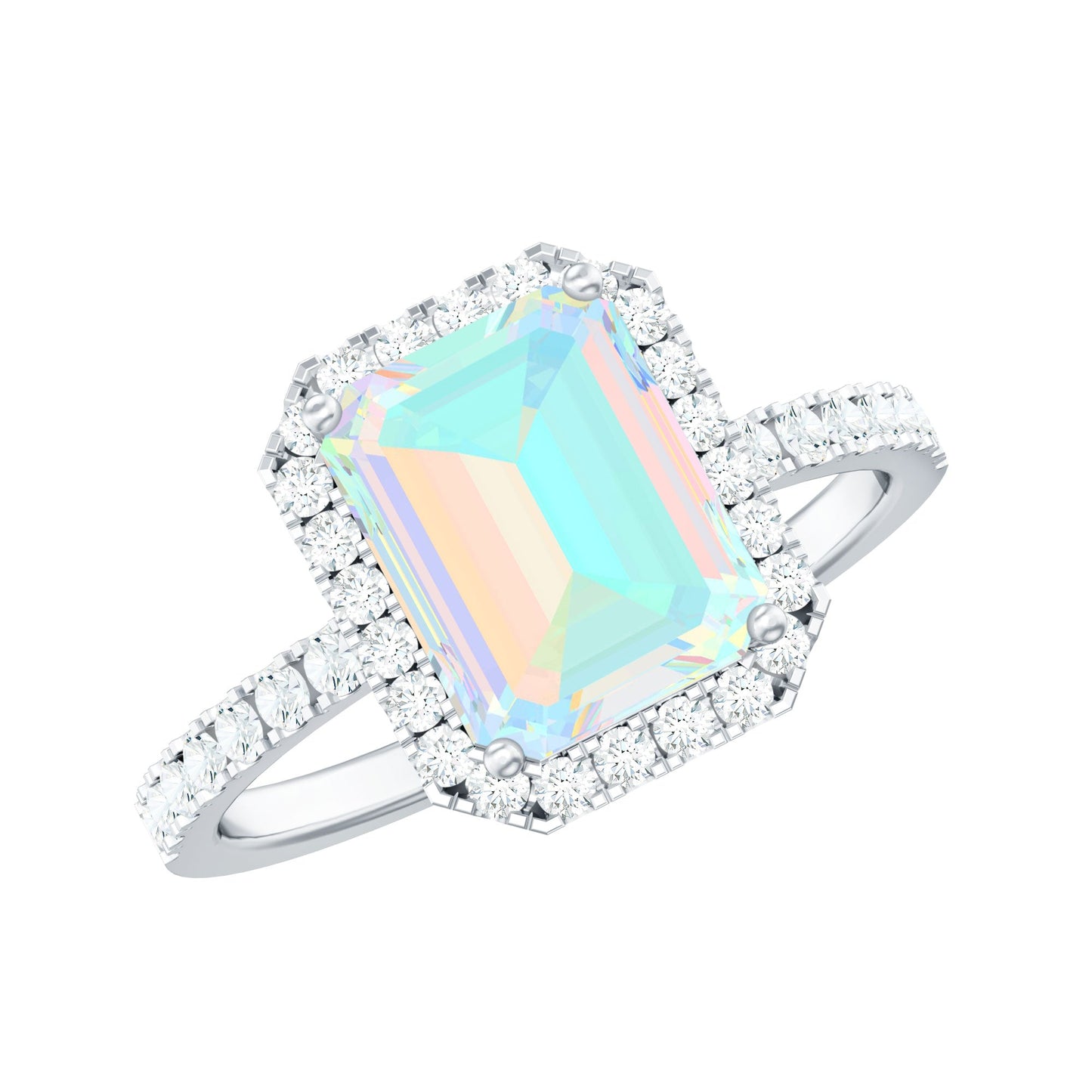 Genuine 2 Carat Ethiopian Opal Emerald Cut Engagement Ring with Diamond Halo
