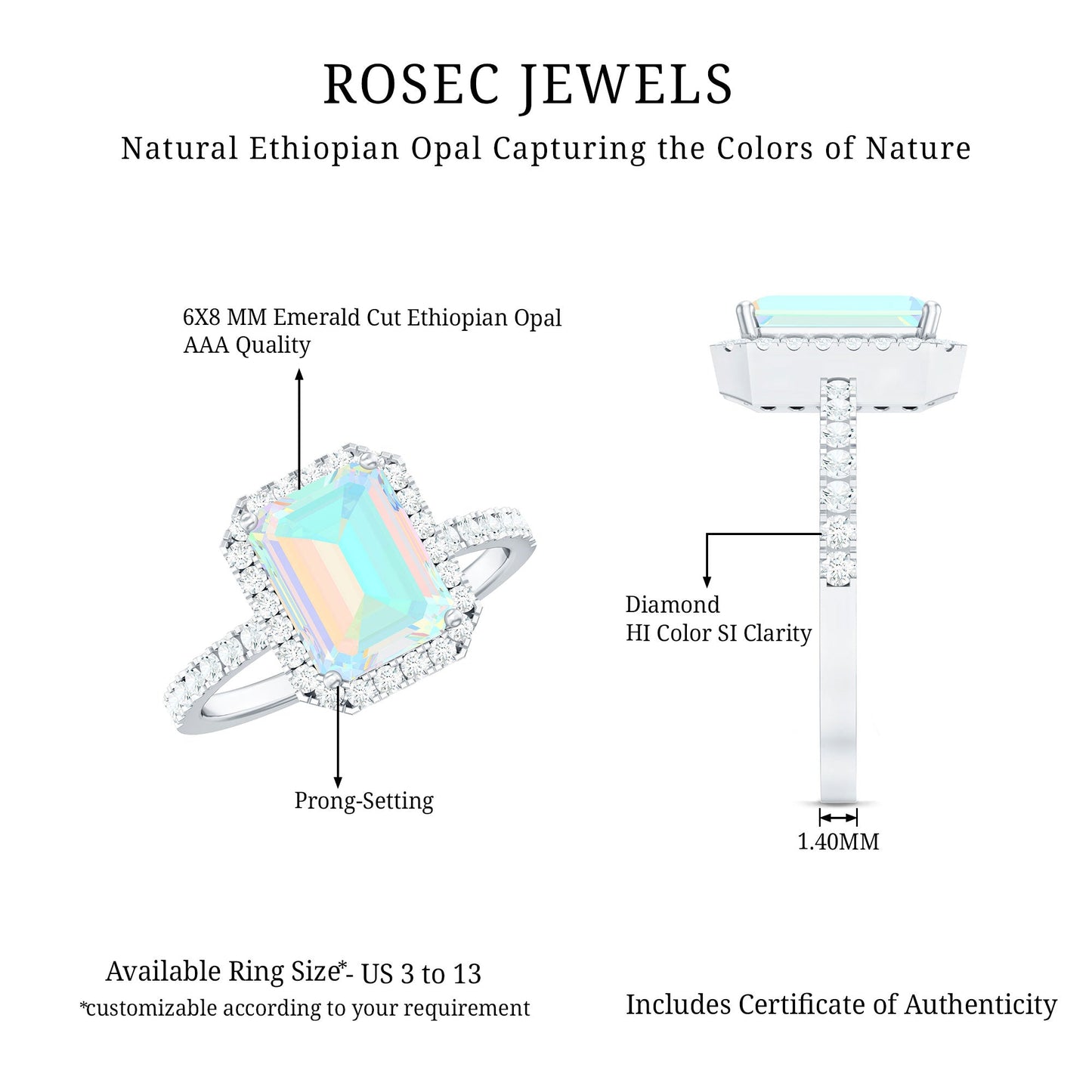 Genuine 2 Carat Ethiopian Opal Emerald Cut Engagement Ring with Diamond Halo