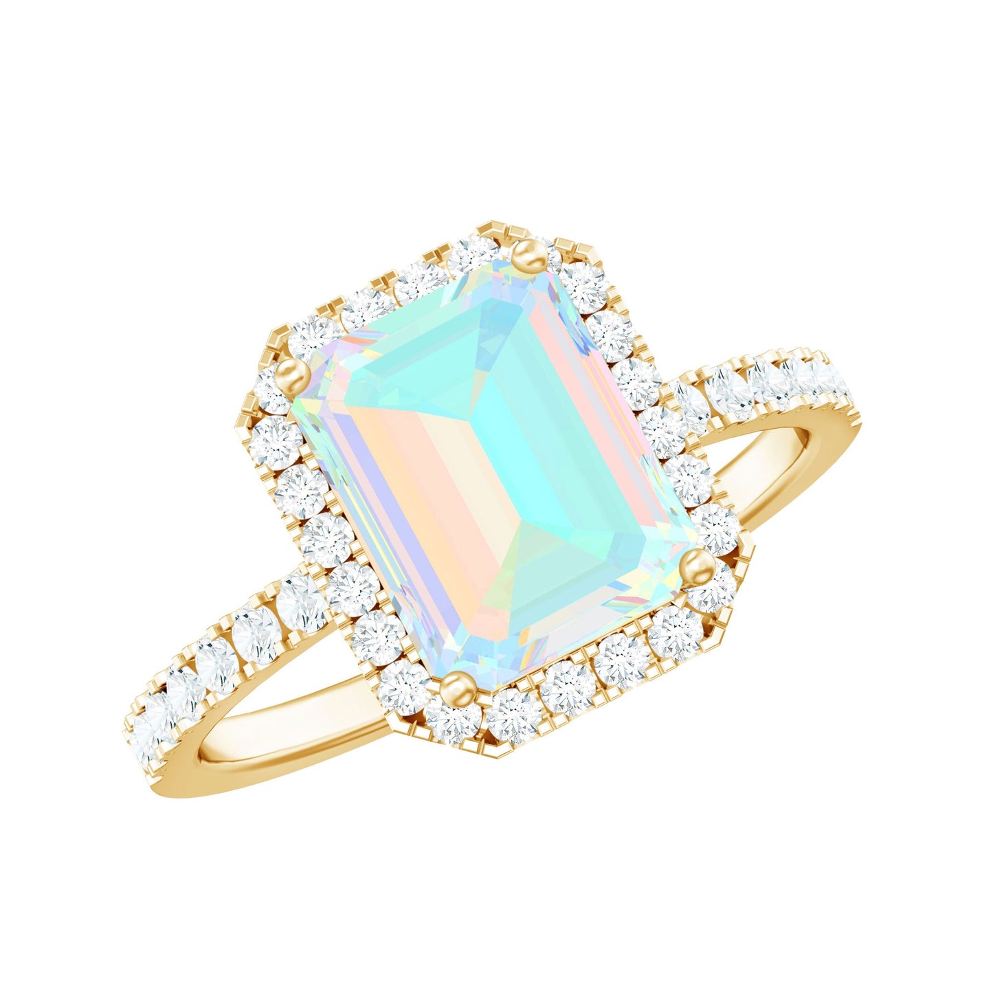 Genuine 2 Carat Ethiopian Opal Emerald Cut Engagement Ring with Diamond Halo