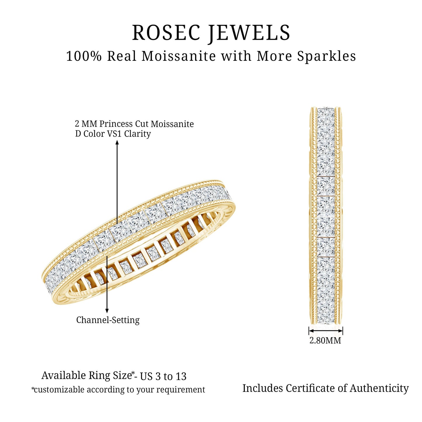 Channel Set Princess Cut Moissanite Eternity Band Ring