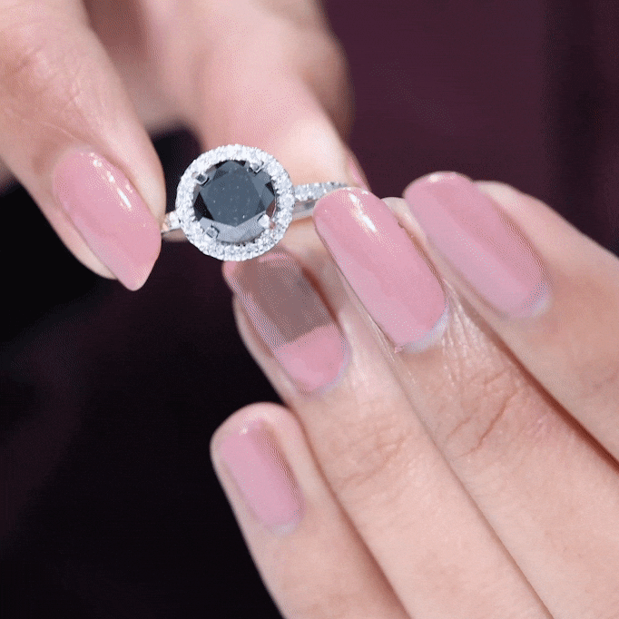 2 Carat Round Shape Black Onyx Engagement Ring with Diamond Halo