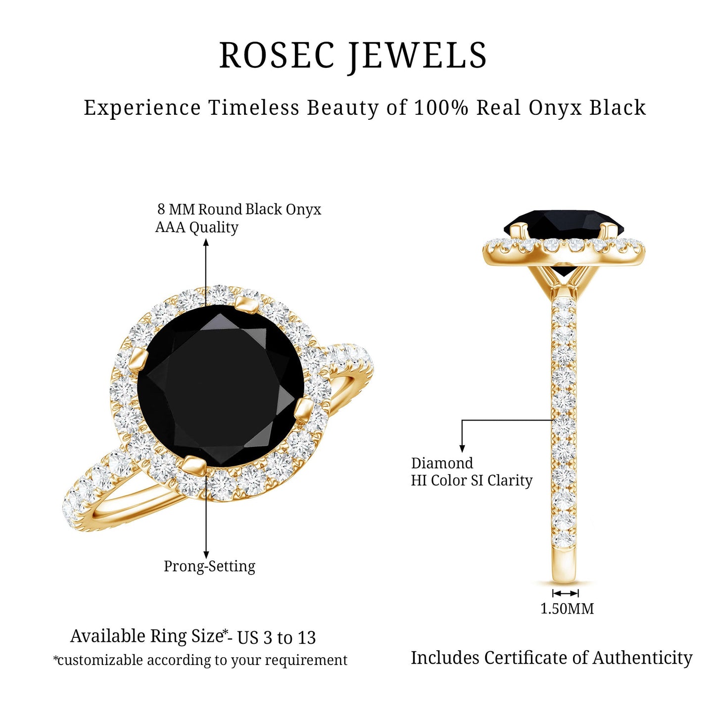 2 Carat Round Shape Black Onyx Engagement Ring with Diamond Halo
