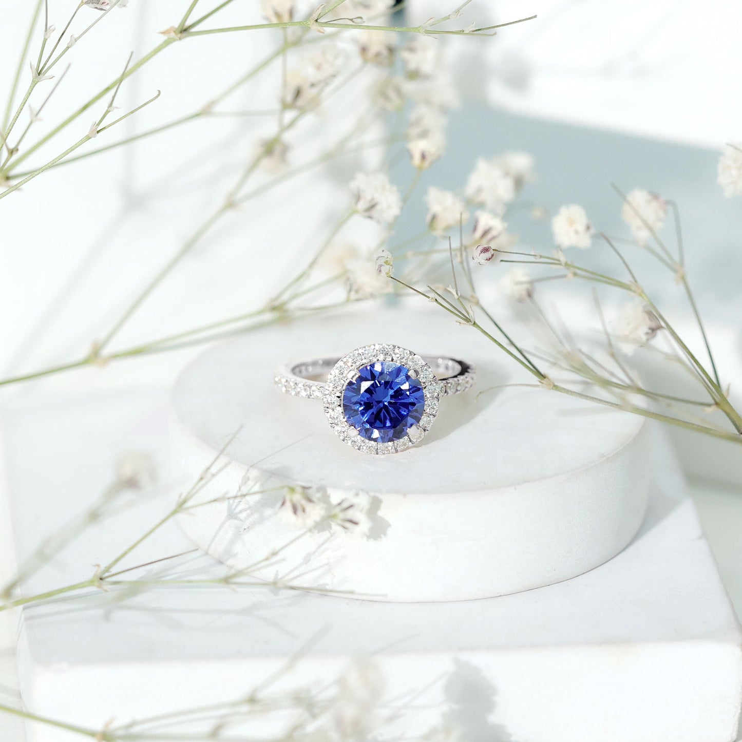 Certified 2.7 Carat Lab Grown Blue Sapphire Halo Engagement Ring with Moissanite