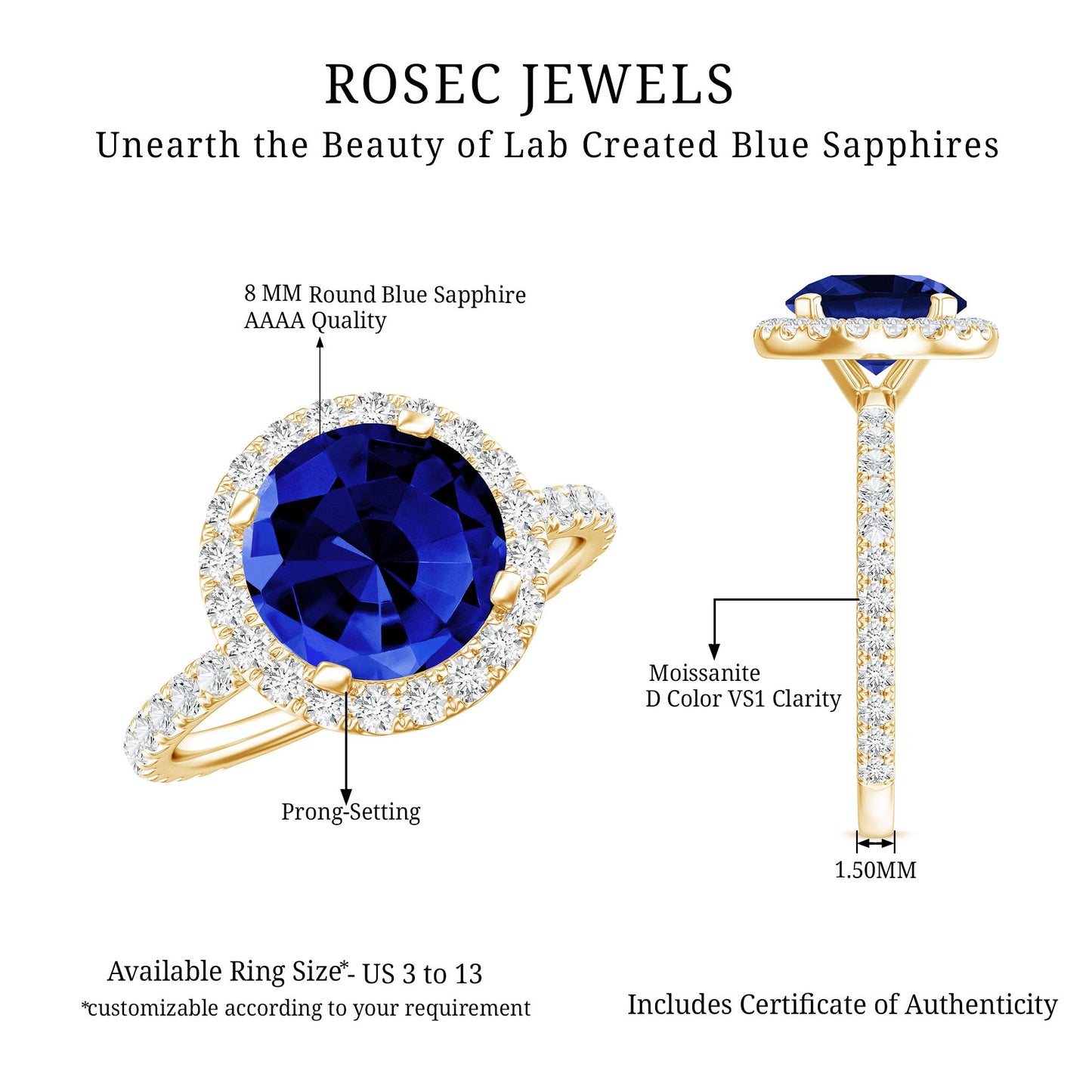 Certified 2.7 Carat Lab Grown Blue Sapphire Halo Engagement Ring with Moissanite