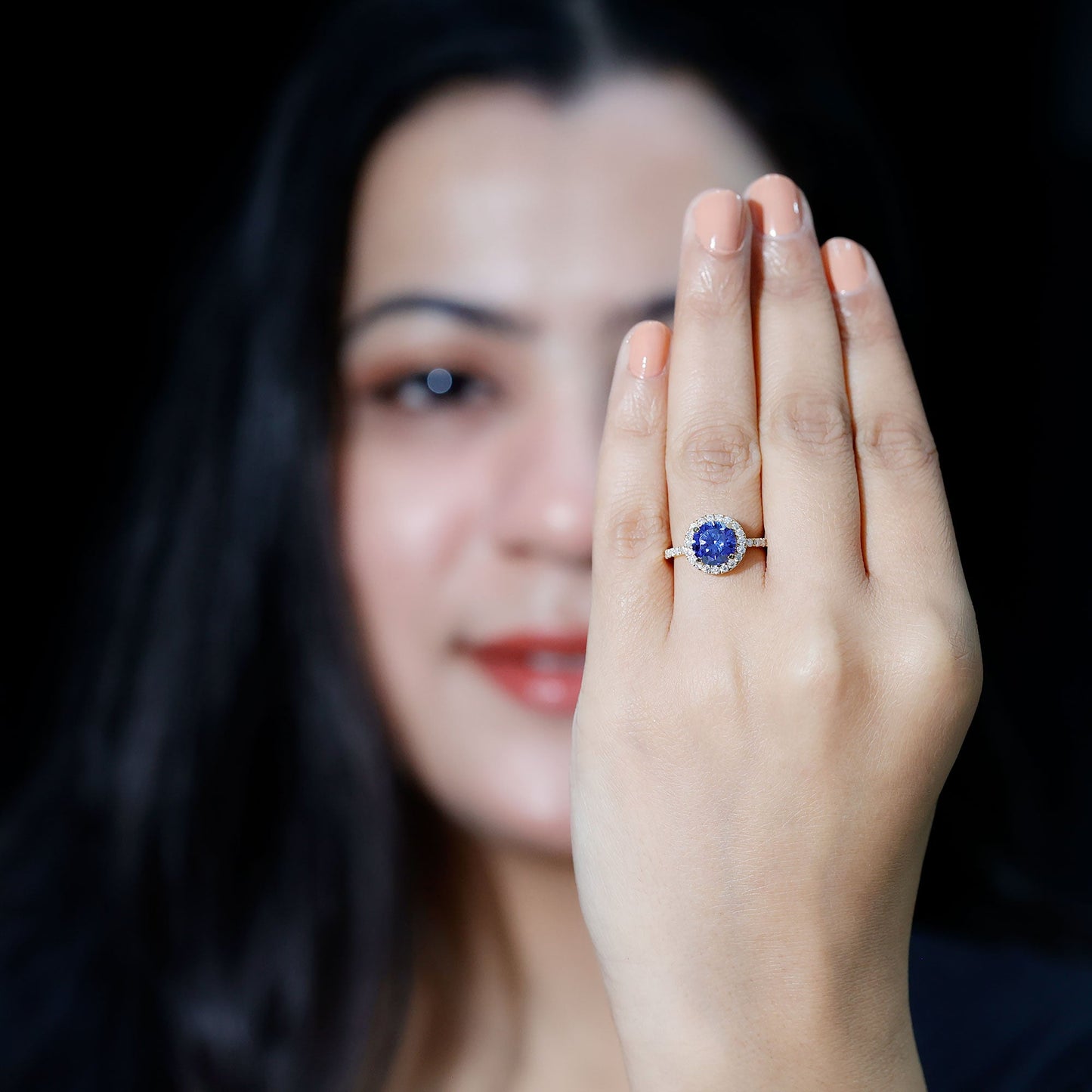 Certified 2.7 Carat Lab Grown Blue Sapphire Halo Engagement Ring with Moissanite