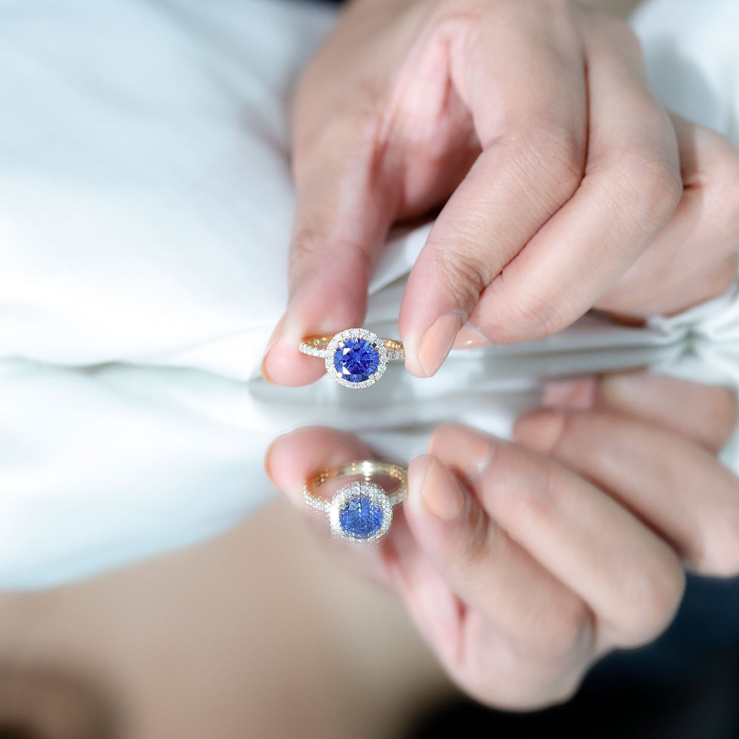 Certified 2.7 Carat Lab Grown Blue Sapphire Halo Engagement Ring with Moissanite