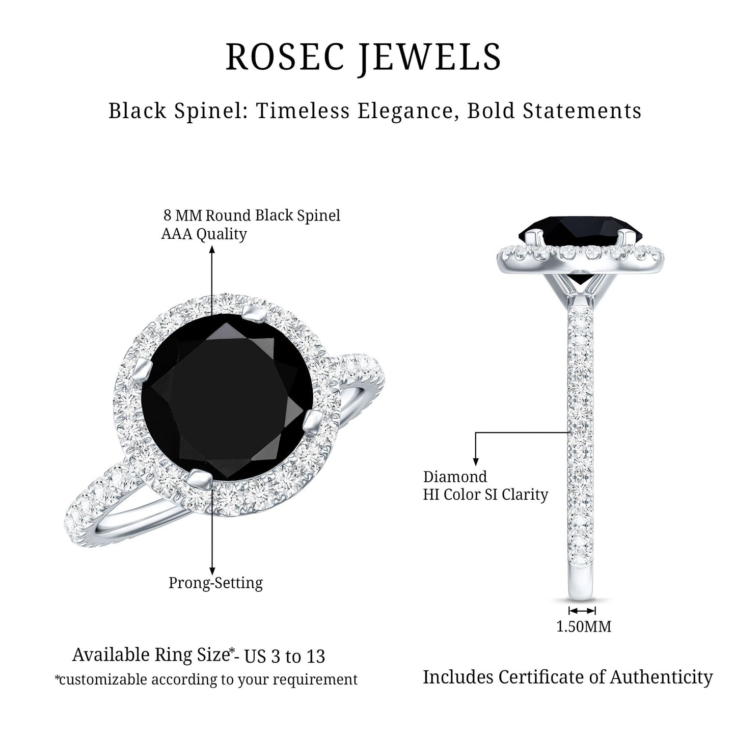 Natural Black Spinel Engagement Ring with Diamond Halo