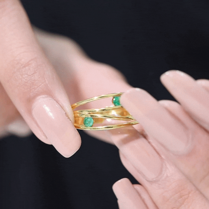 Contemporary Emerald Three Stone Ring in Split Shank