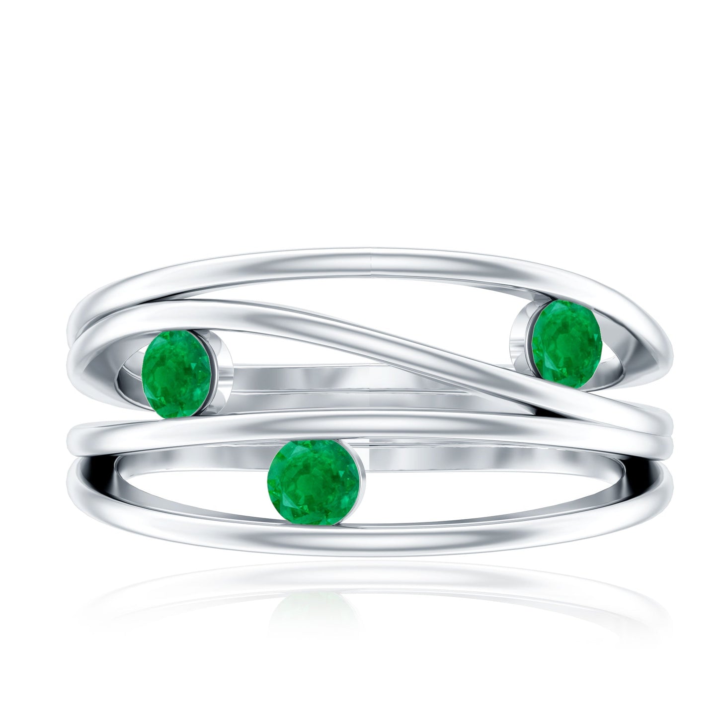 Contemporary Emerald Three Stone Ring in Split Shank