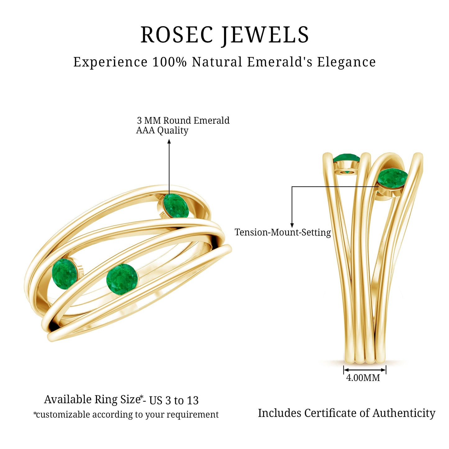 Contemporary Emerald Three Stone Ring in Split Shank