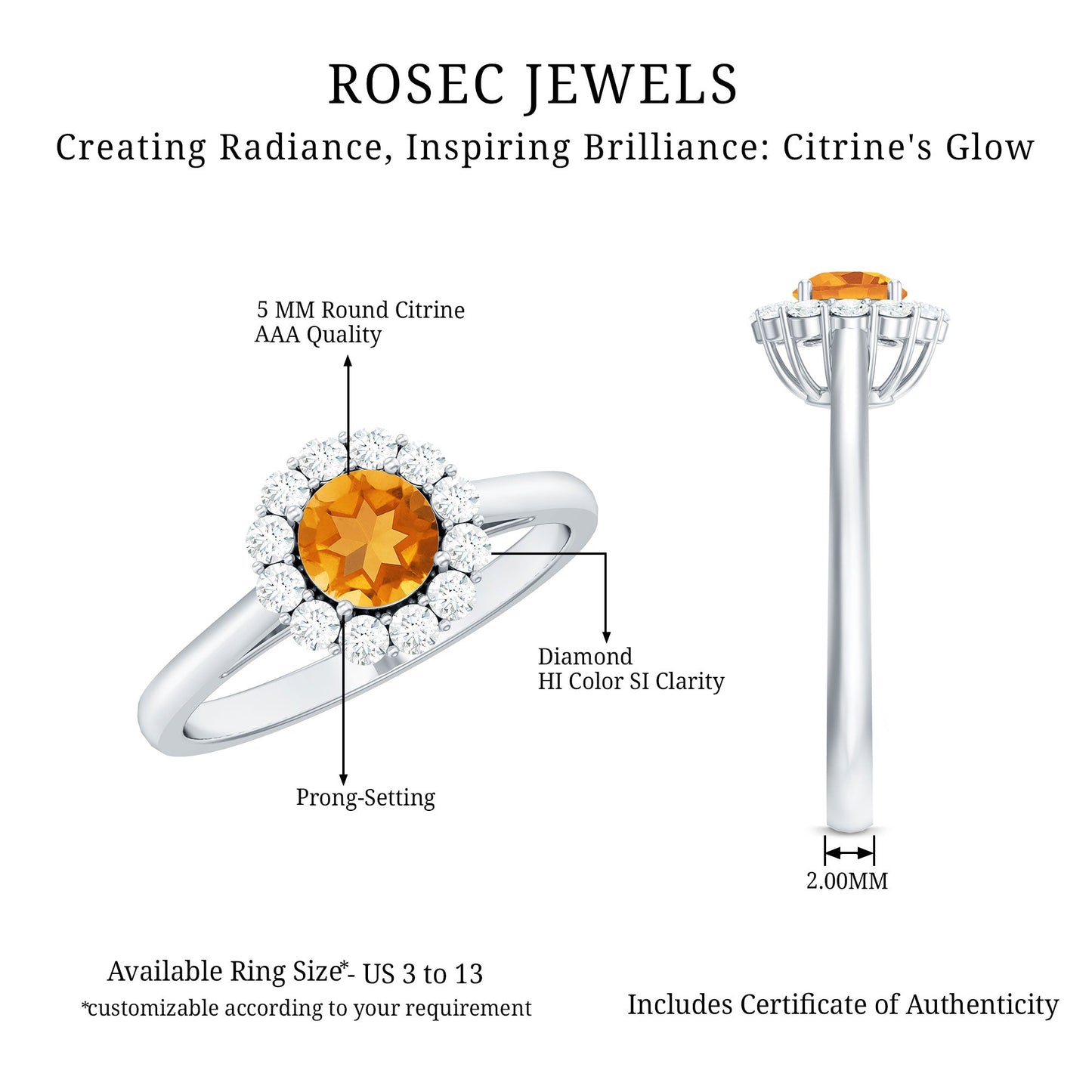 Natural Citrine Promise Ring with Diamond Halo