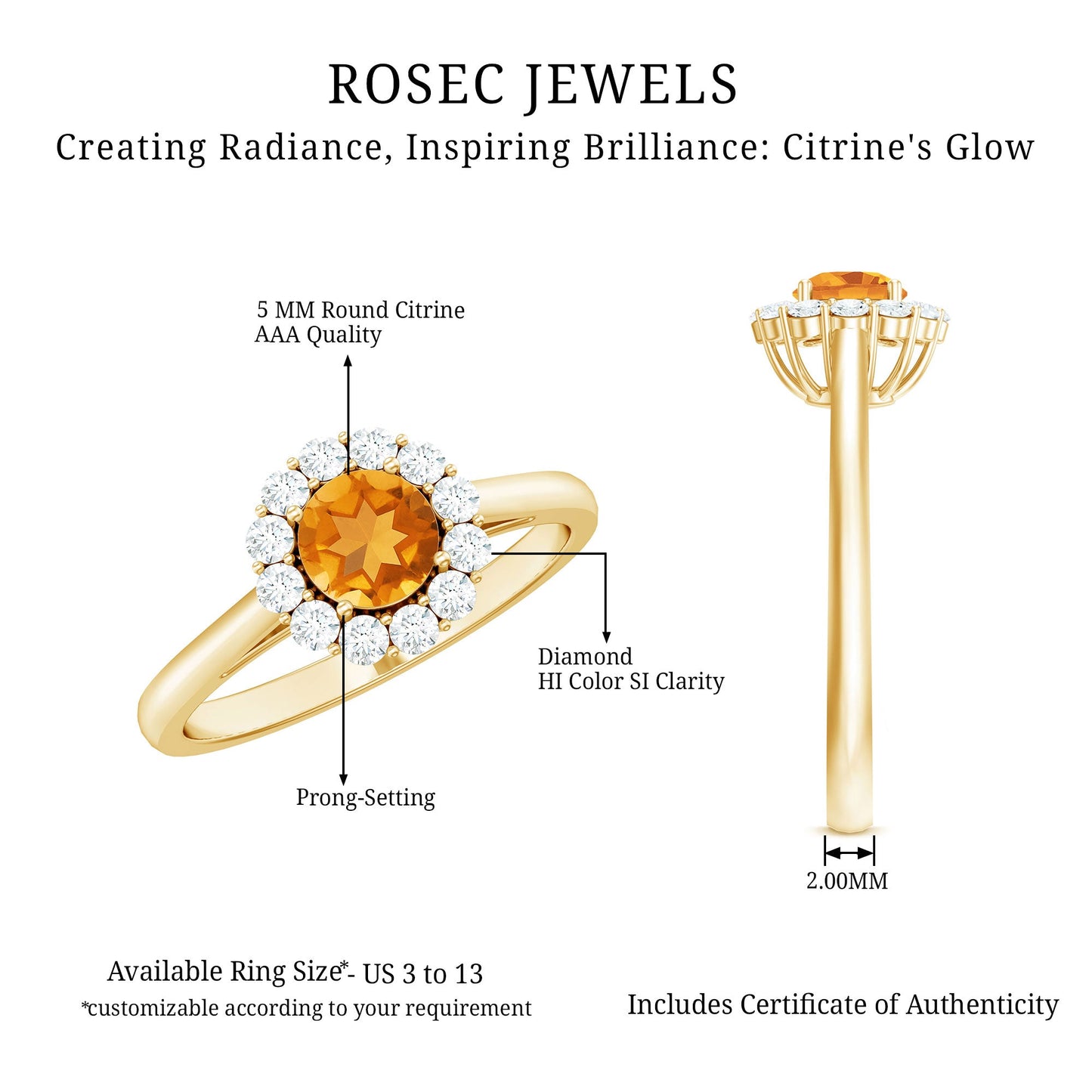 Natural Citrine Promise Ring with Diamond Halo