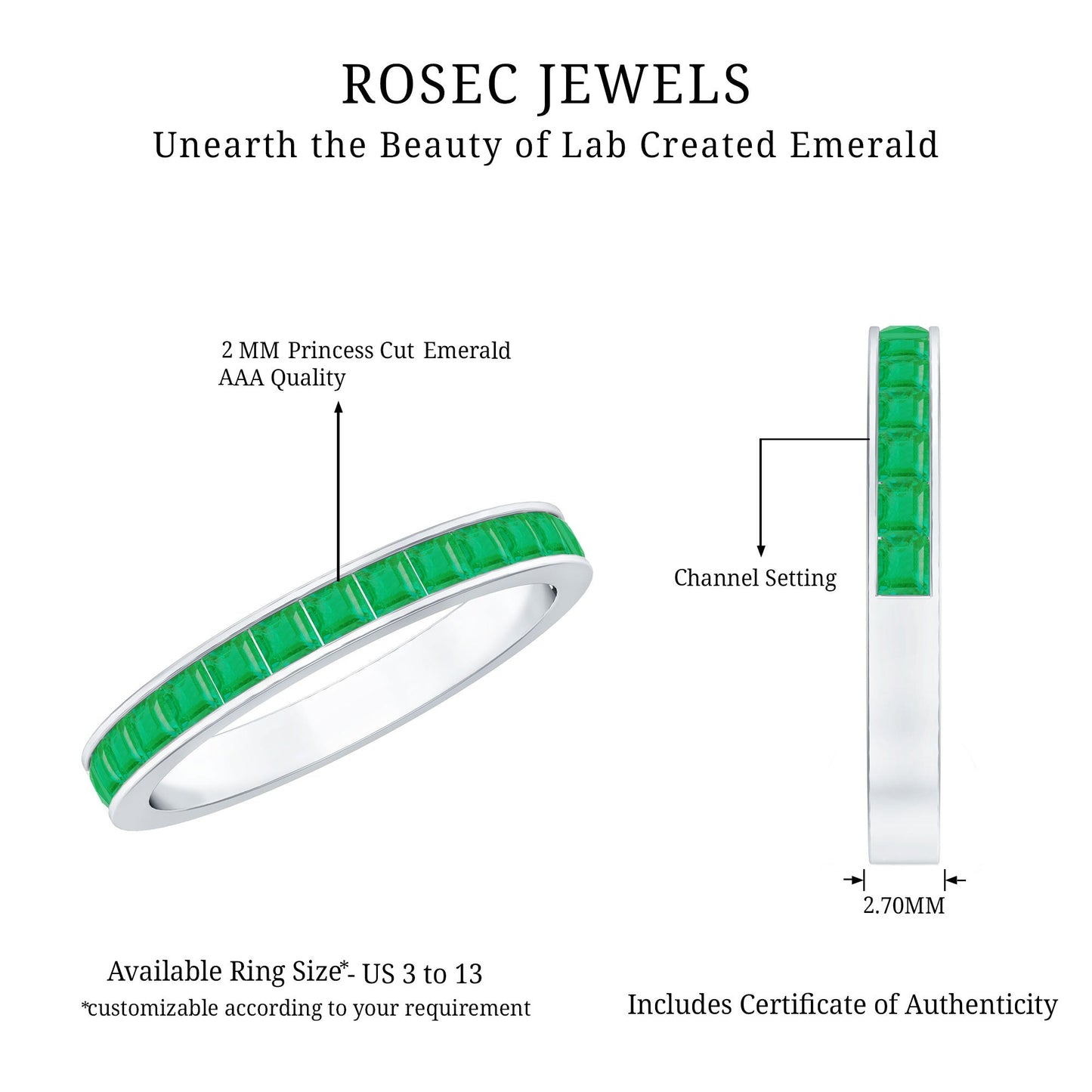 Real Emerald Princess Cut Half Eternity Ring