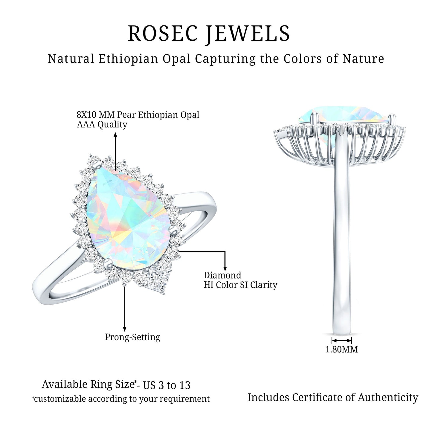 Certified Real 2 Carat Ethiopian Rainbow Opal Teardrop Engagement Ring with Diamond Halo