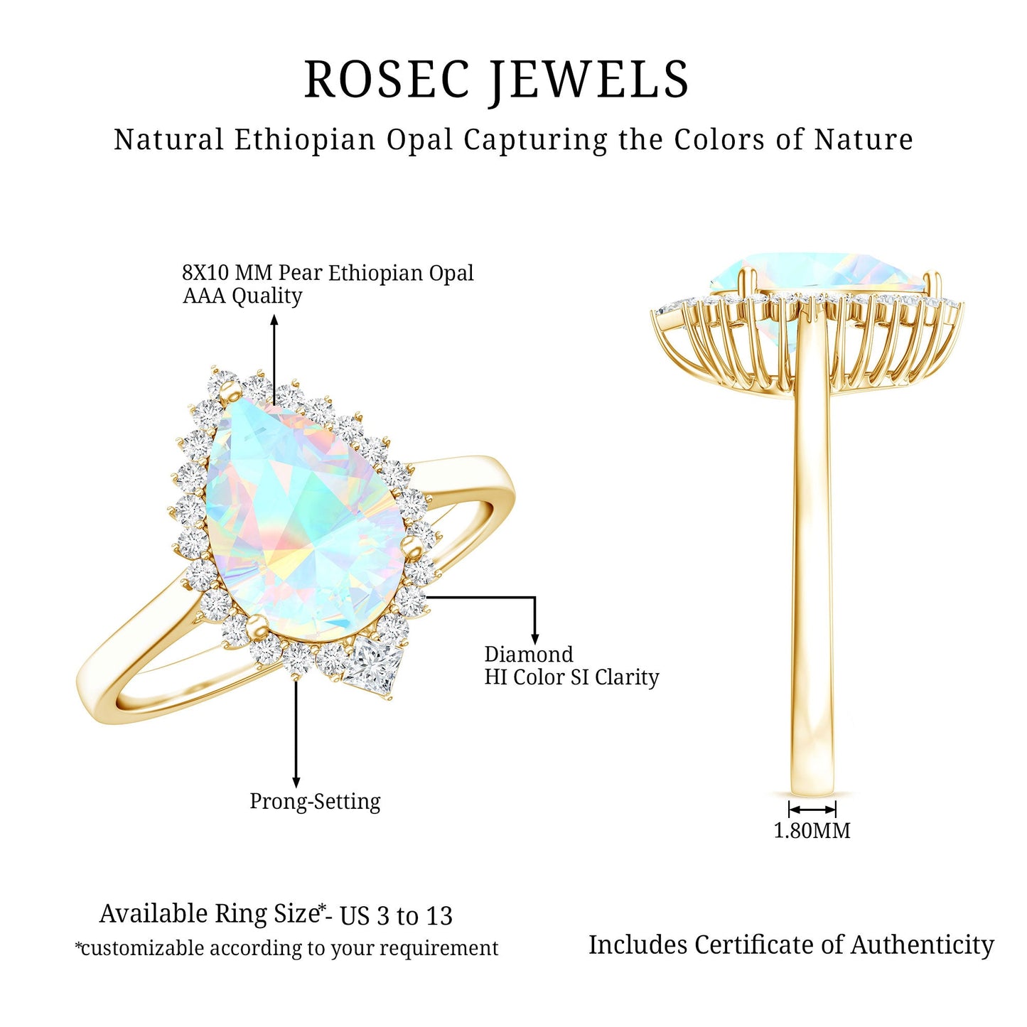 Certified Real 2 Carat Ethiopian Rainbow Opal Teardrop Engagement Ring with Diamond Halo