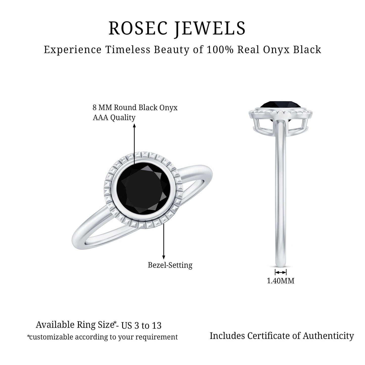 2 Carat Round Shape Black Onyx Solitaire Ring in Bezel Setting