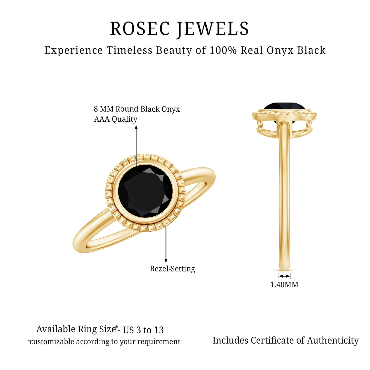 2 Carat Round Shape Black Onyx Solitaire Ring in Bezel Setting