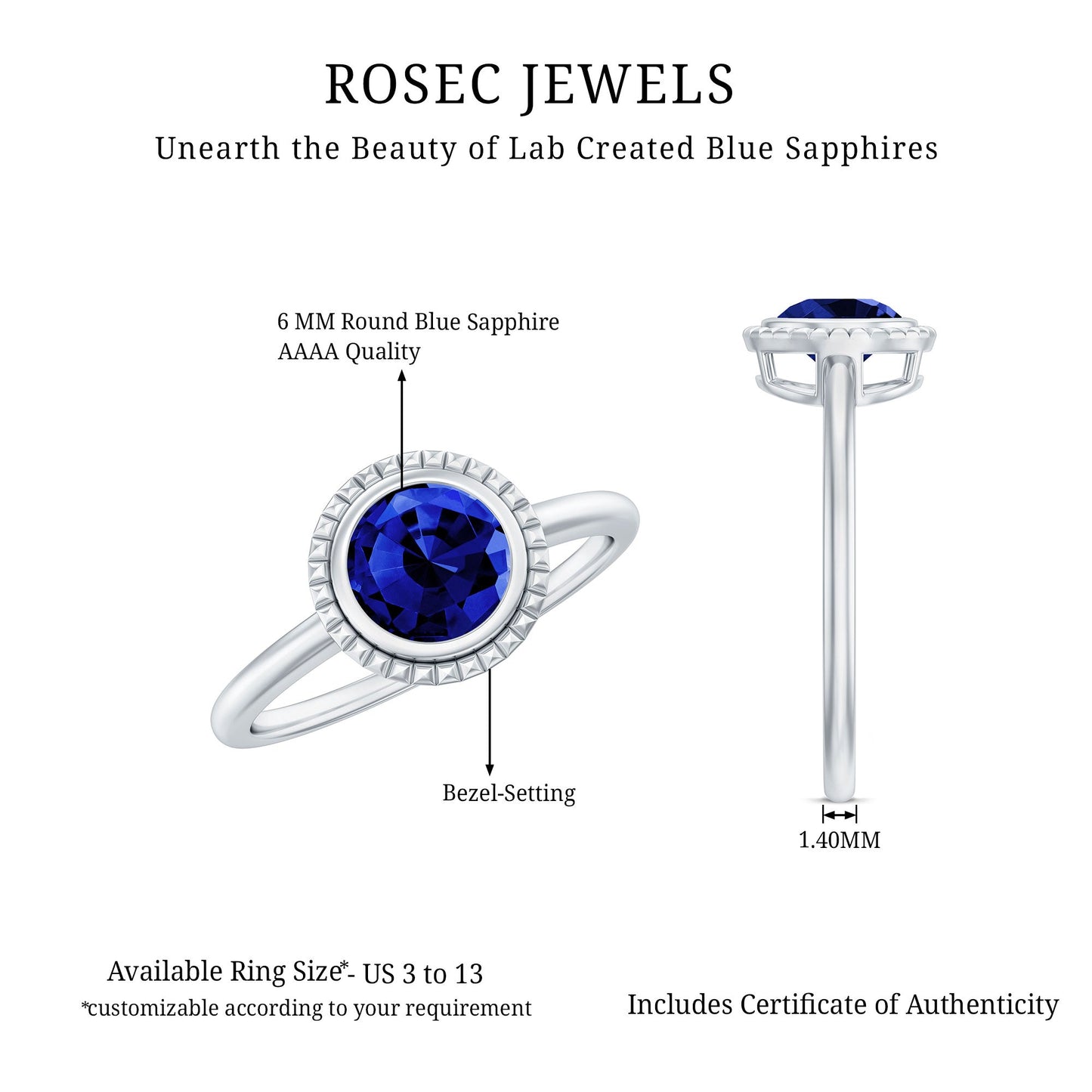 Certified 1 Carat Lab Grown Blue Sapphire Promise Ring in Bezel Set