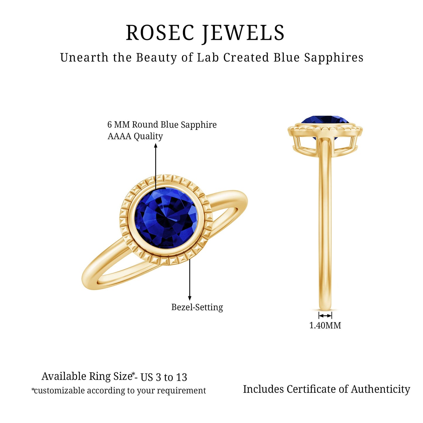 Certified 1 Carat Lab Grown Blue Sapphire Promise Ring in Bezel Set