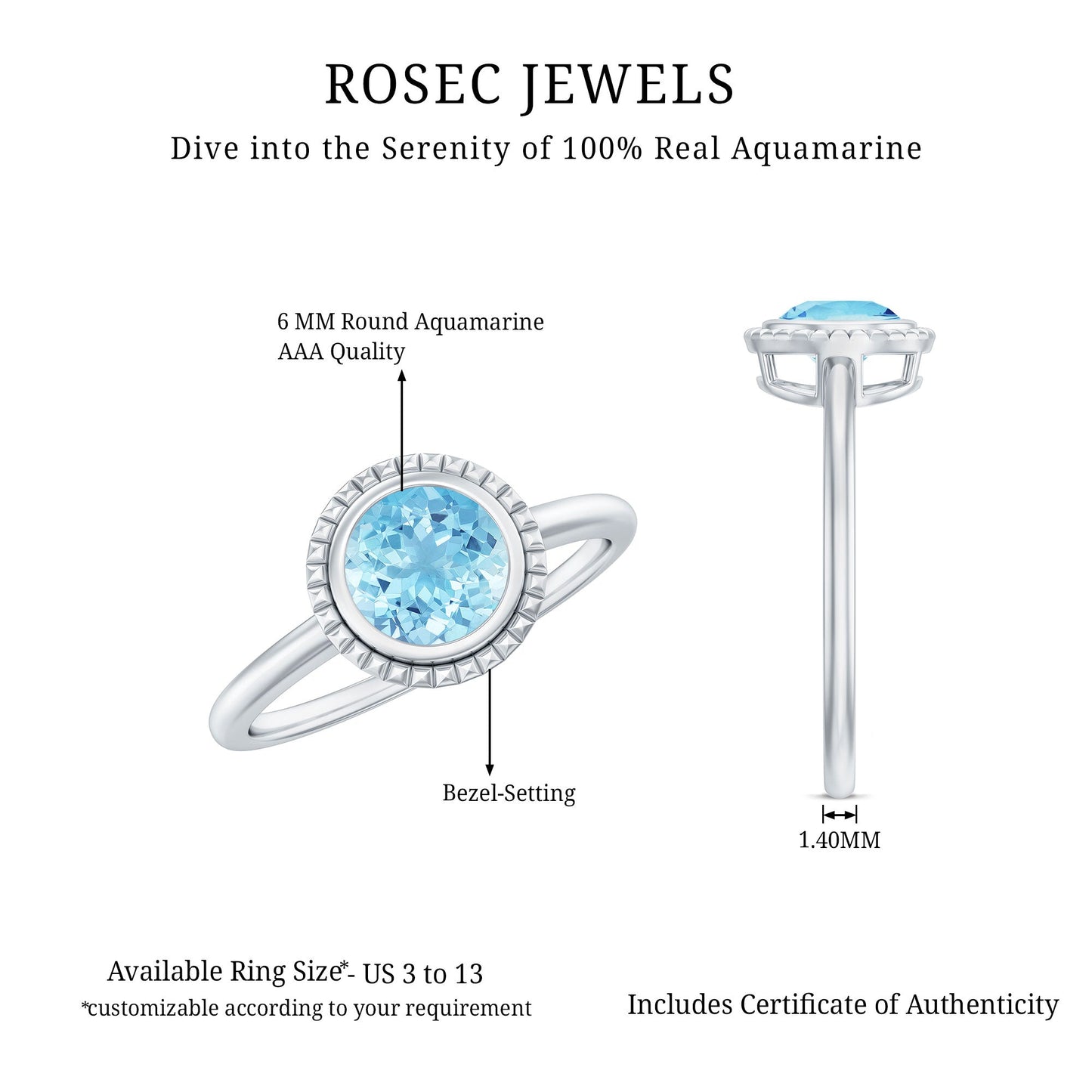 0.8 Carat Bezel Set Round Aquamarine Solitaire Promise Ring