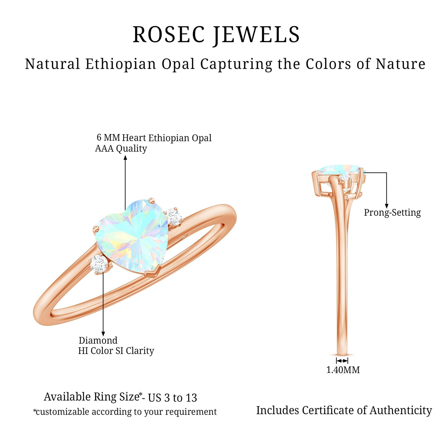 Genuine 0.7 Ethiopian Opal Diamond Heart Shaped Promise Ring with Bypass Shank