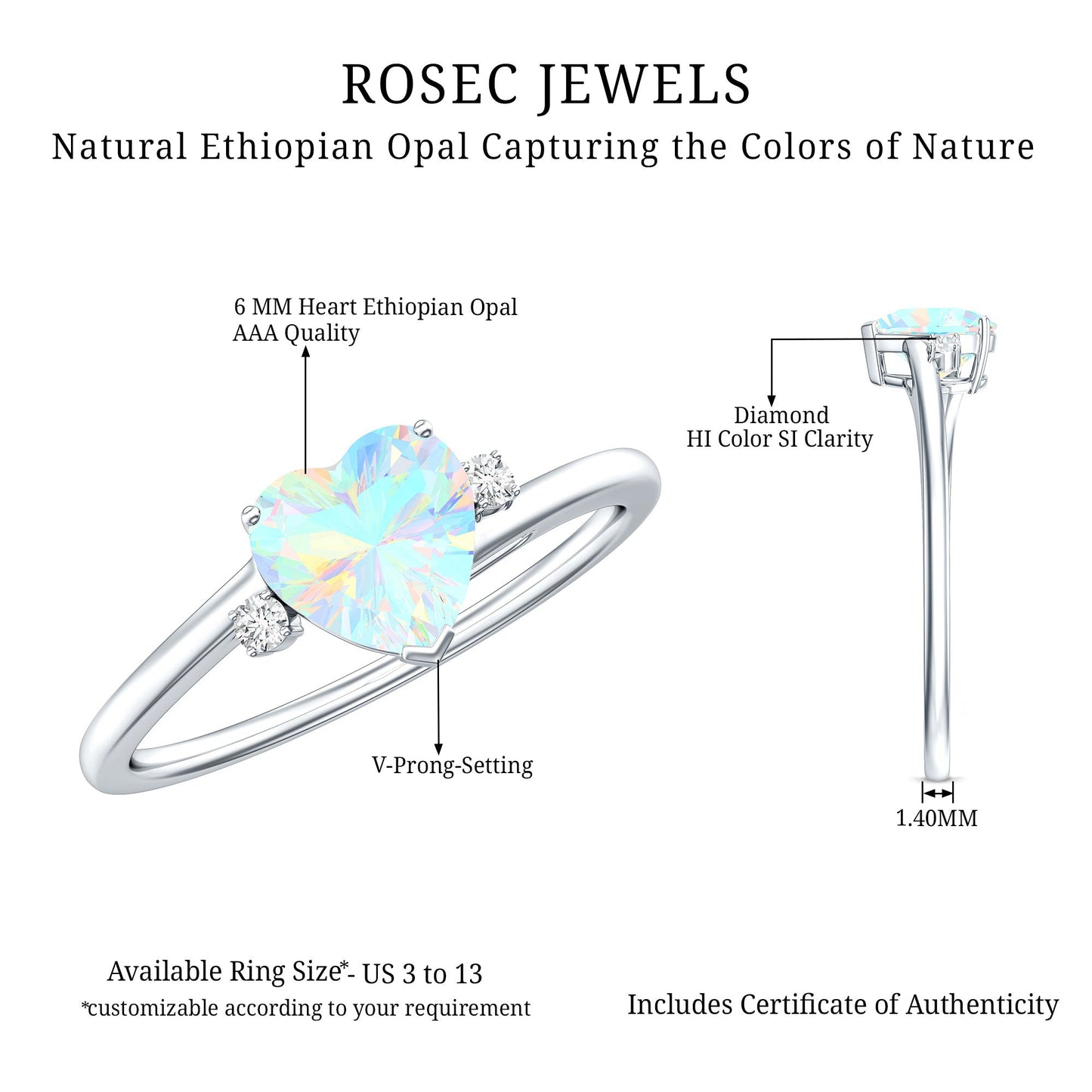 Genuine 0.7 Ethiopian Opal Diamond Heart Shaped Promise Ring with Bypass Shank