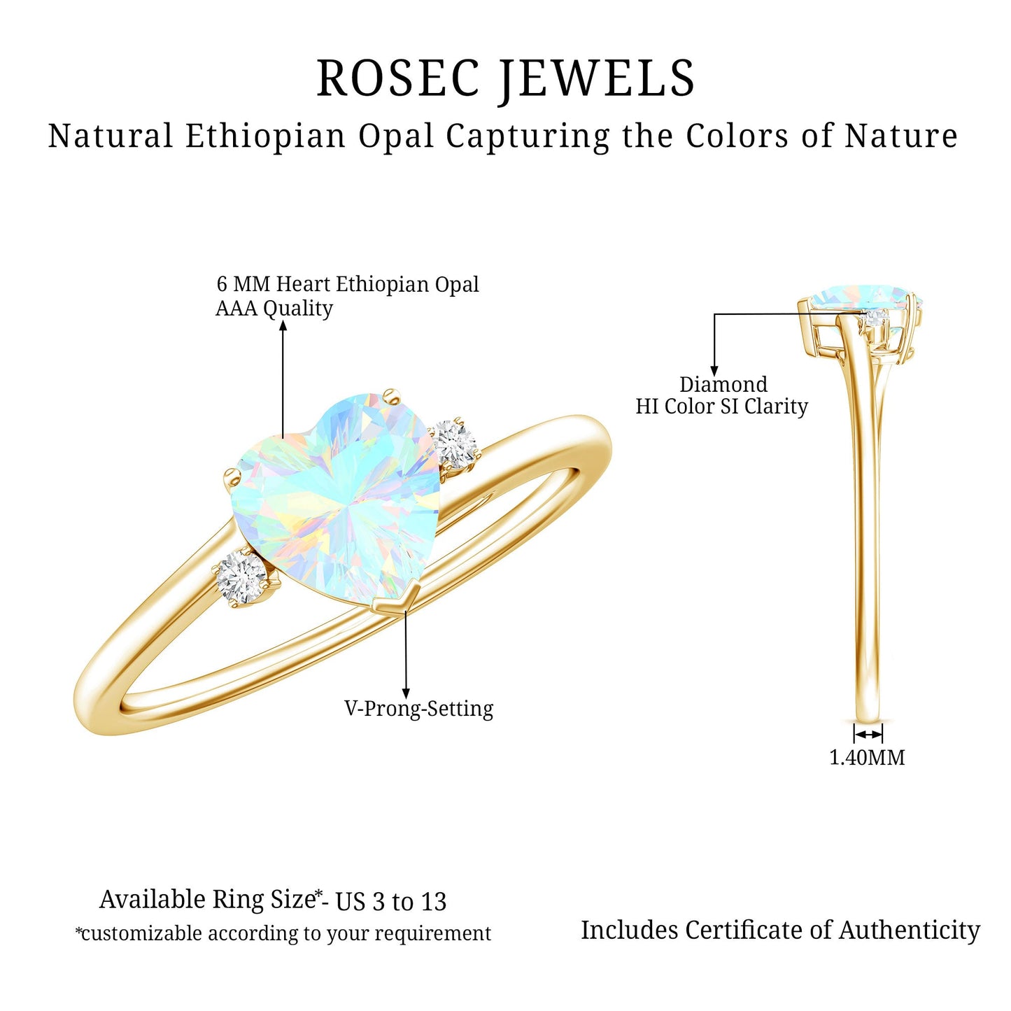 Genuine 0.7 Ethiopian Opal Diamond Heart Shaped Promise Ring with Bypass Shank