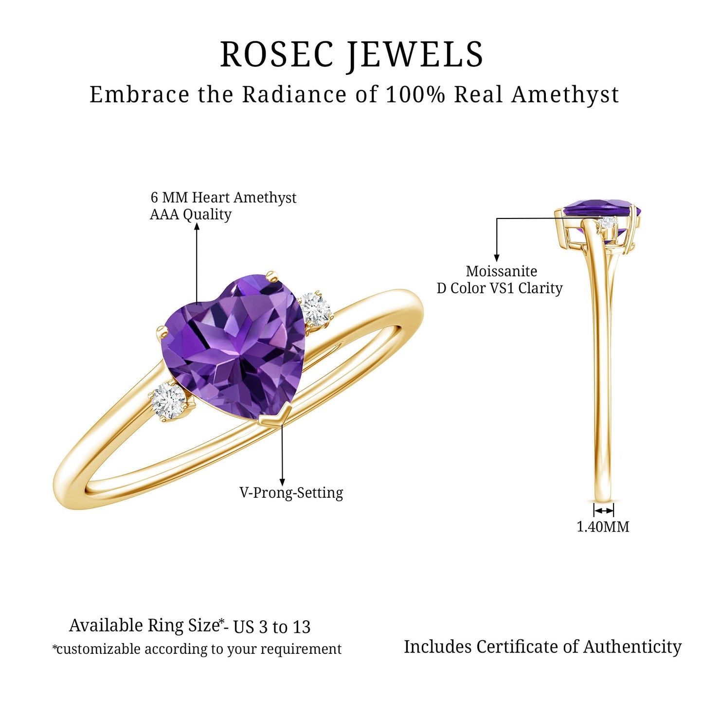 Natural 0.9 Carat Amethyst Heart Engagement Ring with Moissanite