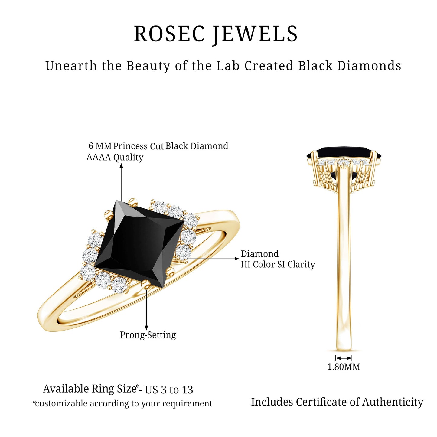 1 Carat Lab Grown Black and White Diamond Princess Cut Engagement Ring