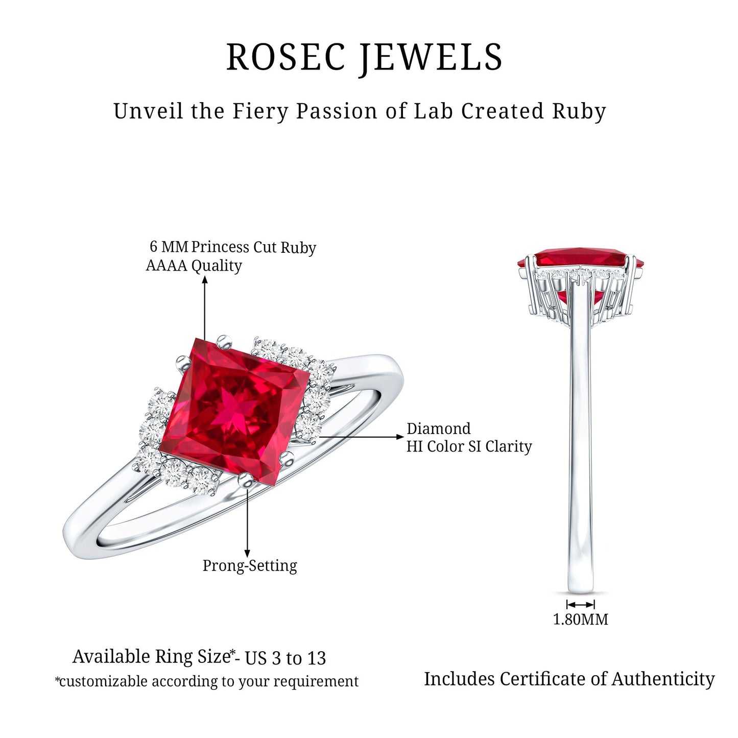 1.5 Carat Princess Cut Lab Grown Ruby Engagement Ring with Diamond