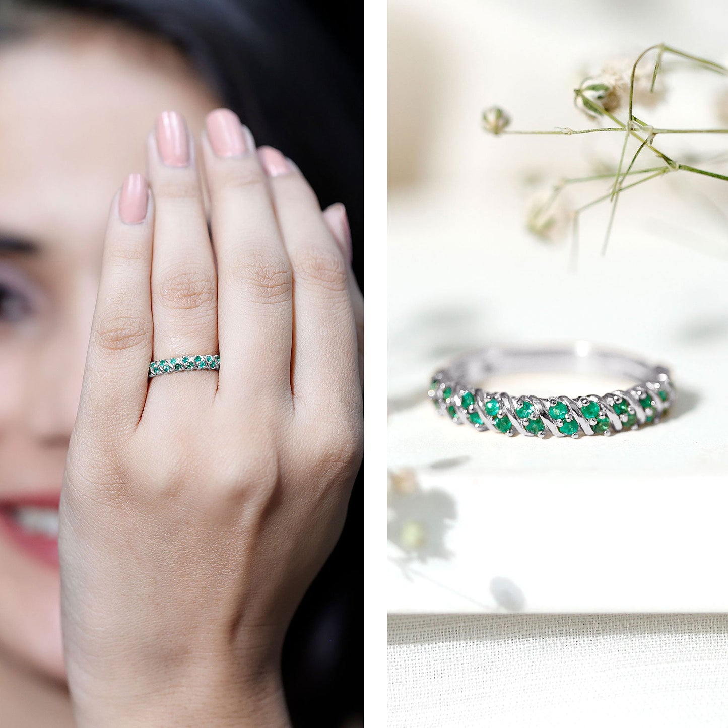 Unique Half Eternity Wedding Band with Round Emeralds