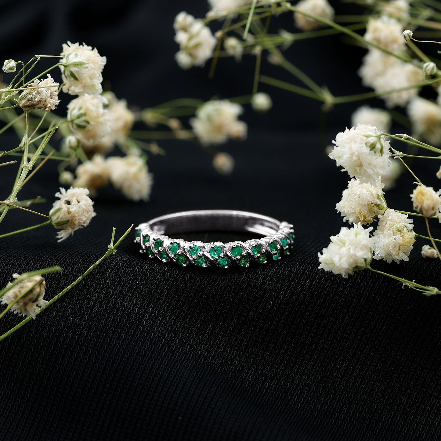 Unique Half Eternity Wedding Band with Round Emeralds