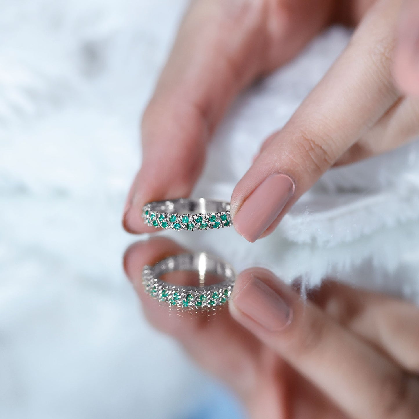 Unique Half Eternity Wedding Band with Round Emeralds