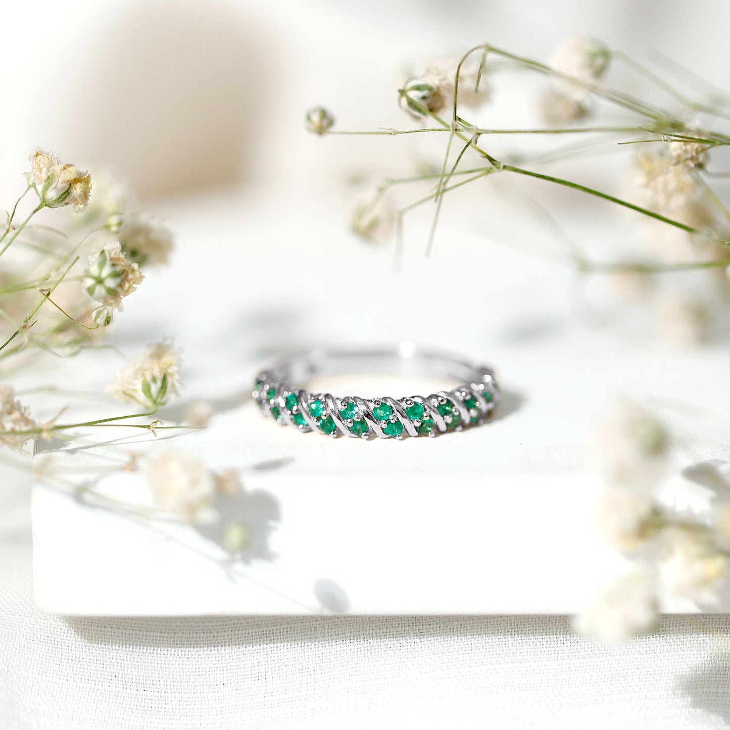 Unique Half Eternity Wedding Band with Round Emeralds