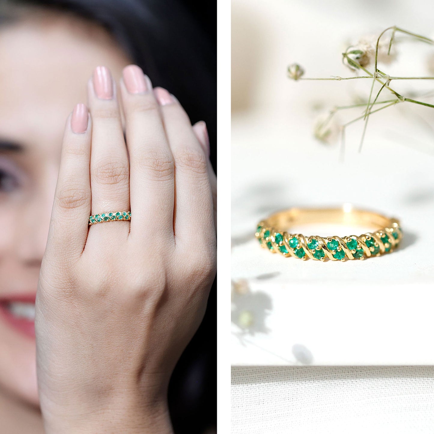 Unique Half Eternity Wedding Band with Round Emeralds