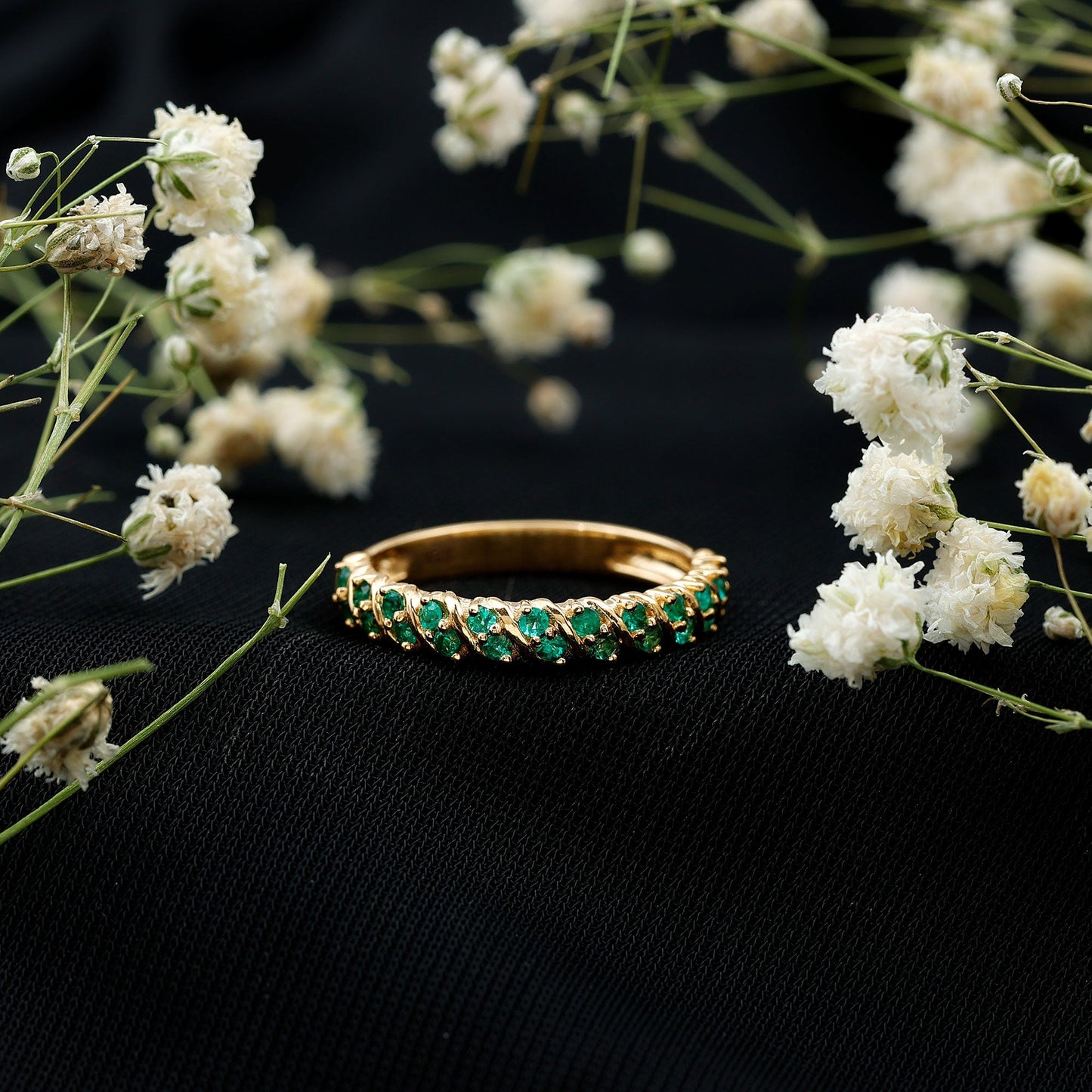 Unique Half Eternity Wedding Band with Round Emeralds