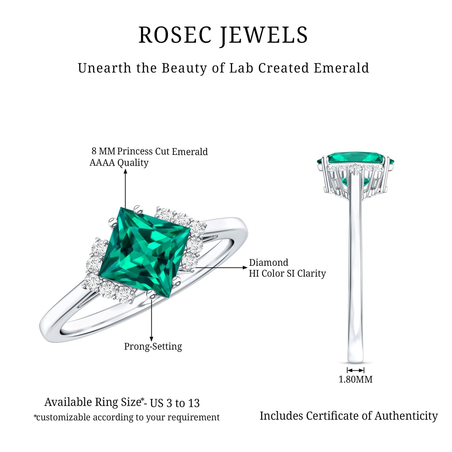 Certified 2.4 Carat Lab Grown Emerald Princess Cut Engagement Ring with Diamond