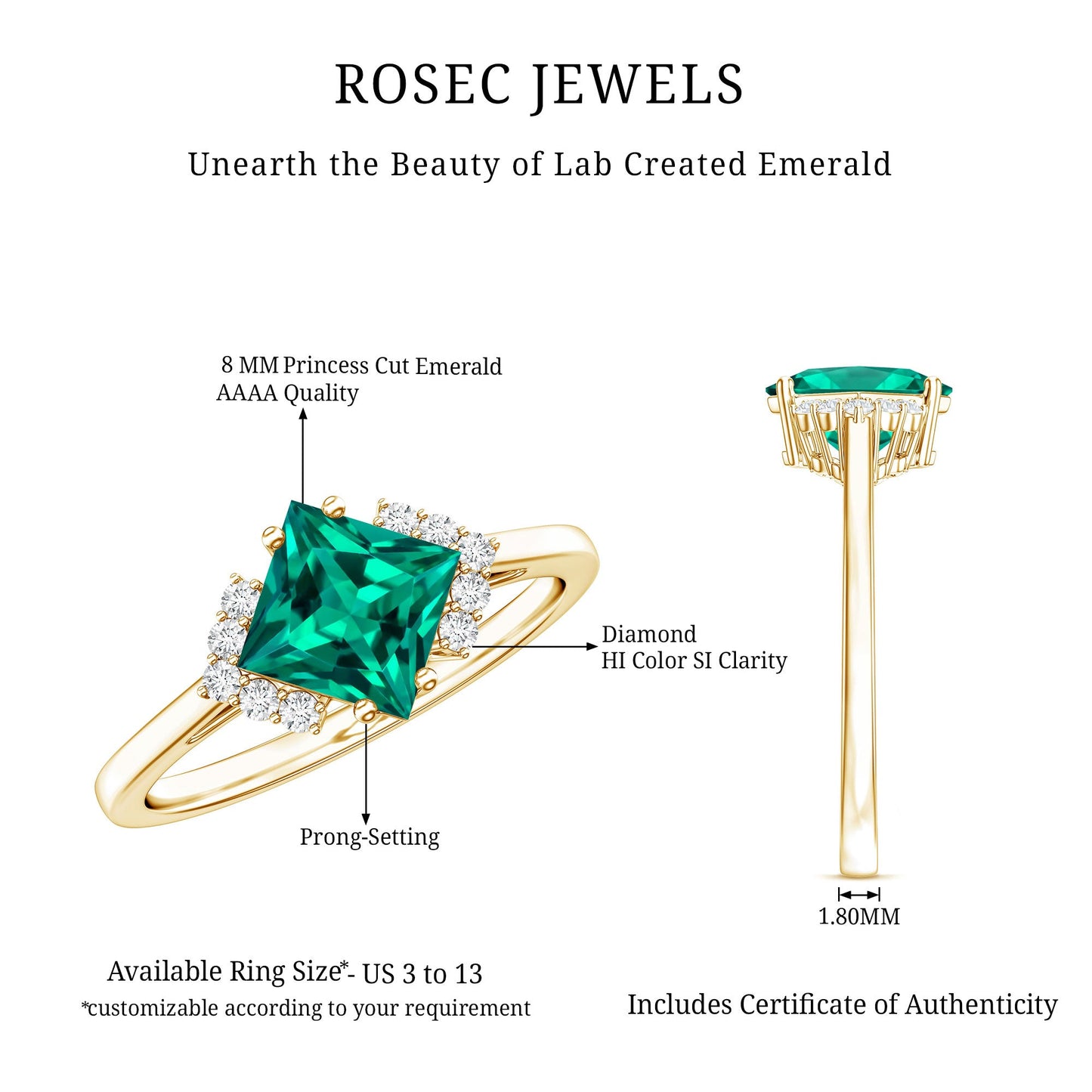 Certified 2.4 Carat Lab Grown Emerald Princess Cut Engagement Ring with Diamond