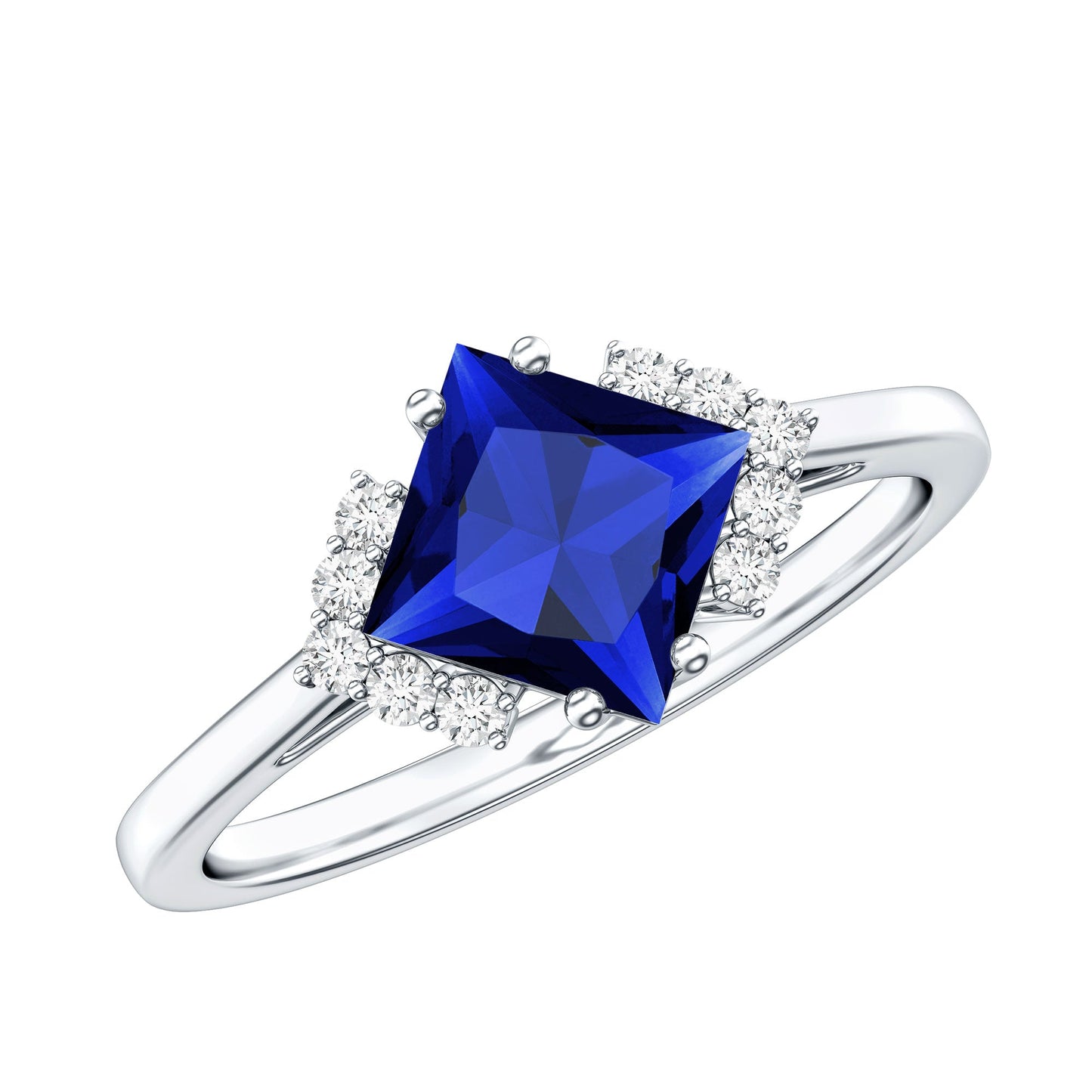 Certified 1.5 Carat Princess Cut Lab Grown Blue Sapphire Engagement Ring with Diamond