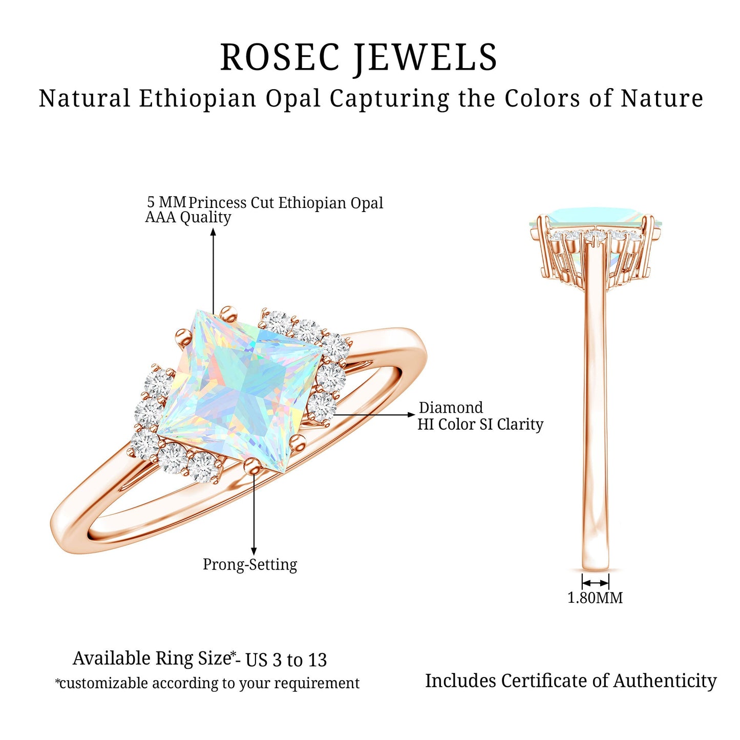 Natural Ethiopian Opal Princess Cut Engagement Ring with Diamond