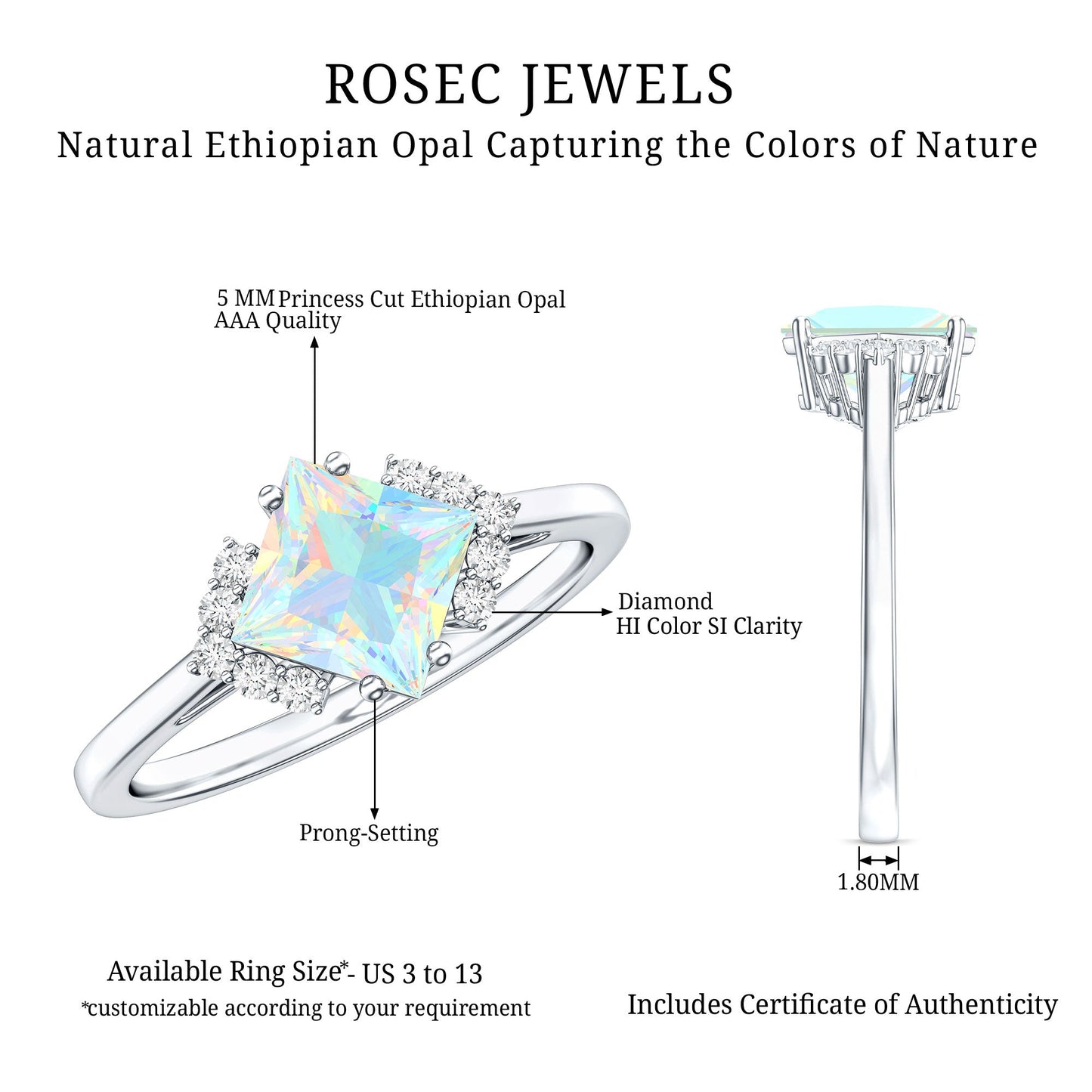 Natural Ethiopian Opal Princess Cut Engagement Ring with Diamond
