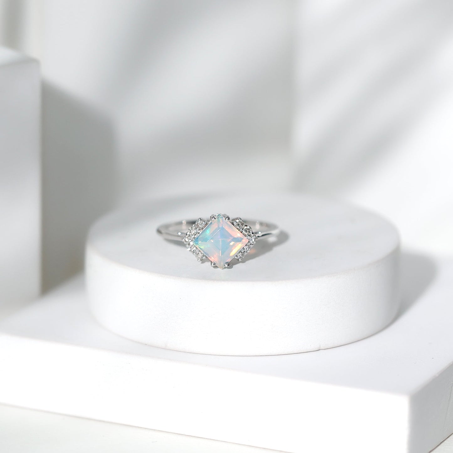 Natural Ethiopian Opal Princess Cut Engagement Ring with Diamond
