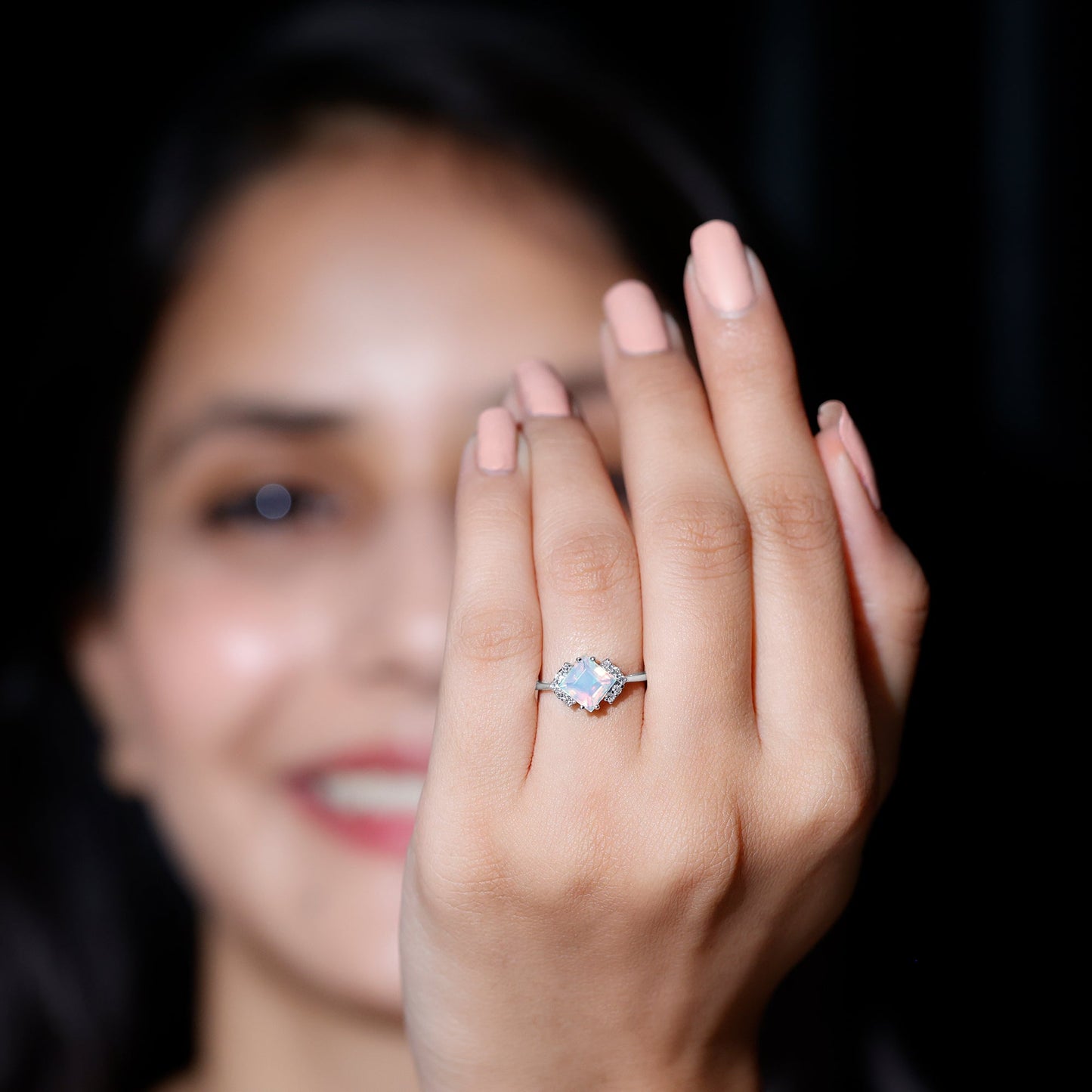 Natural Ethiopian Opal Princess Cut Engagement Ring with Diamond