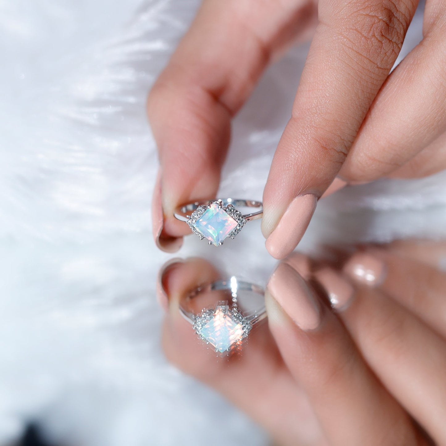 Natural Ethiopian Opal Princess Cut Engagement Ring with Diamond