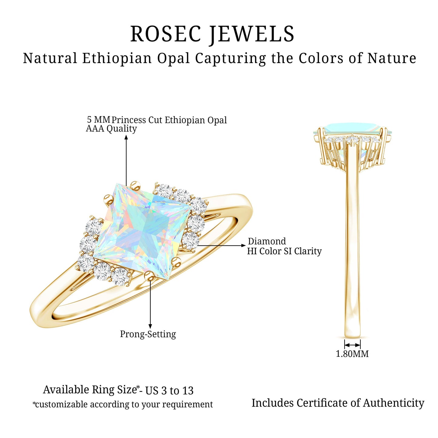 Natural Ethiopian Opal Princess Cut Engagement Ring with Diamond