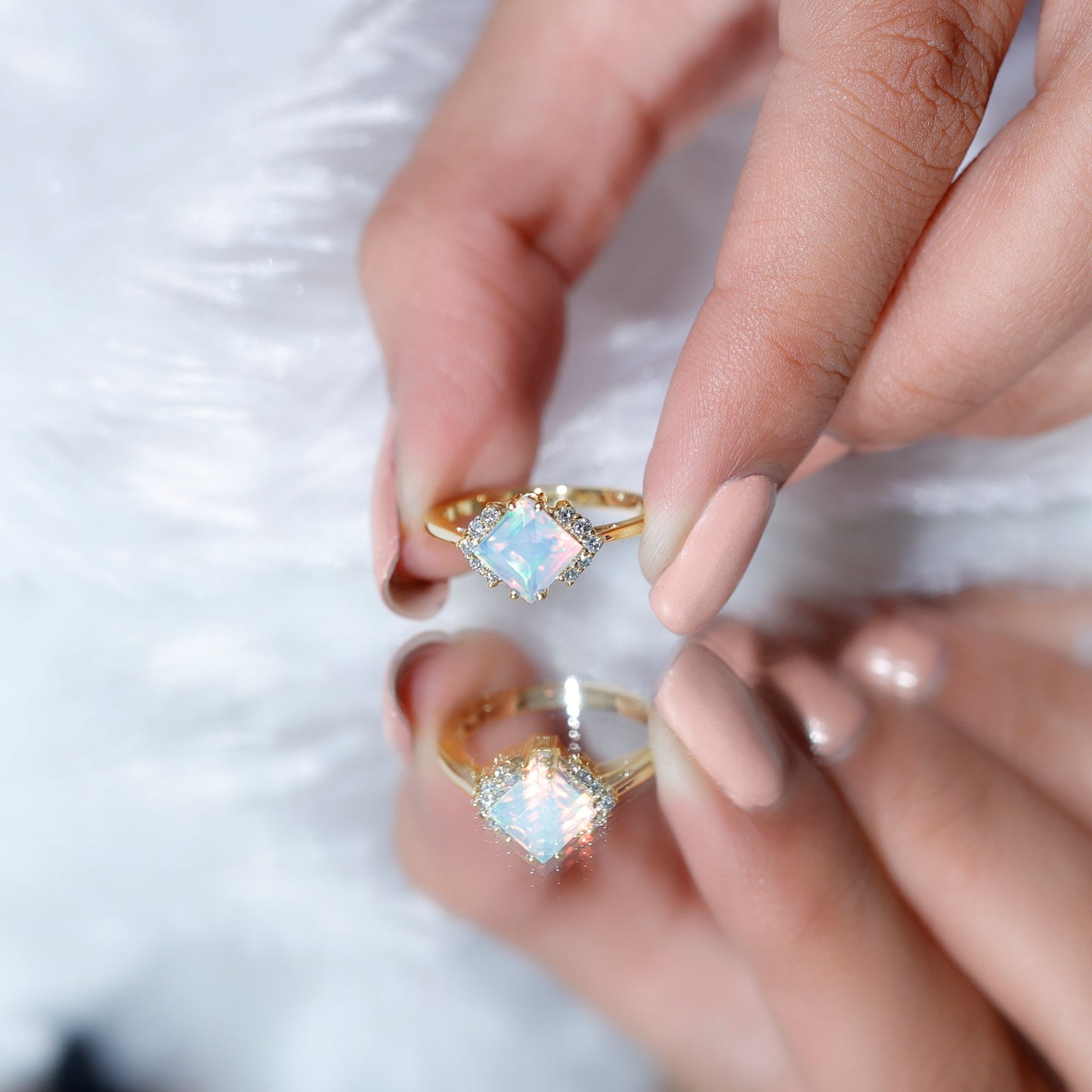 Natural Ethiopian Opal Princess Cut Engagement Ring with Diamond