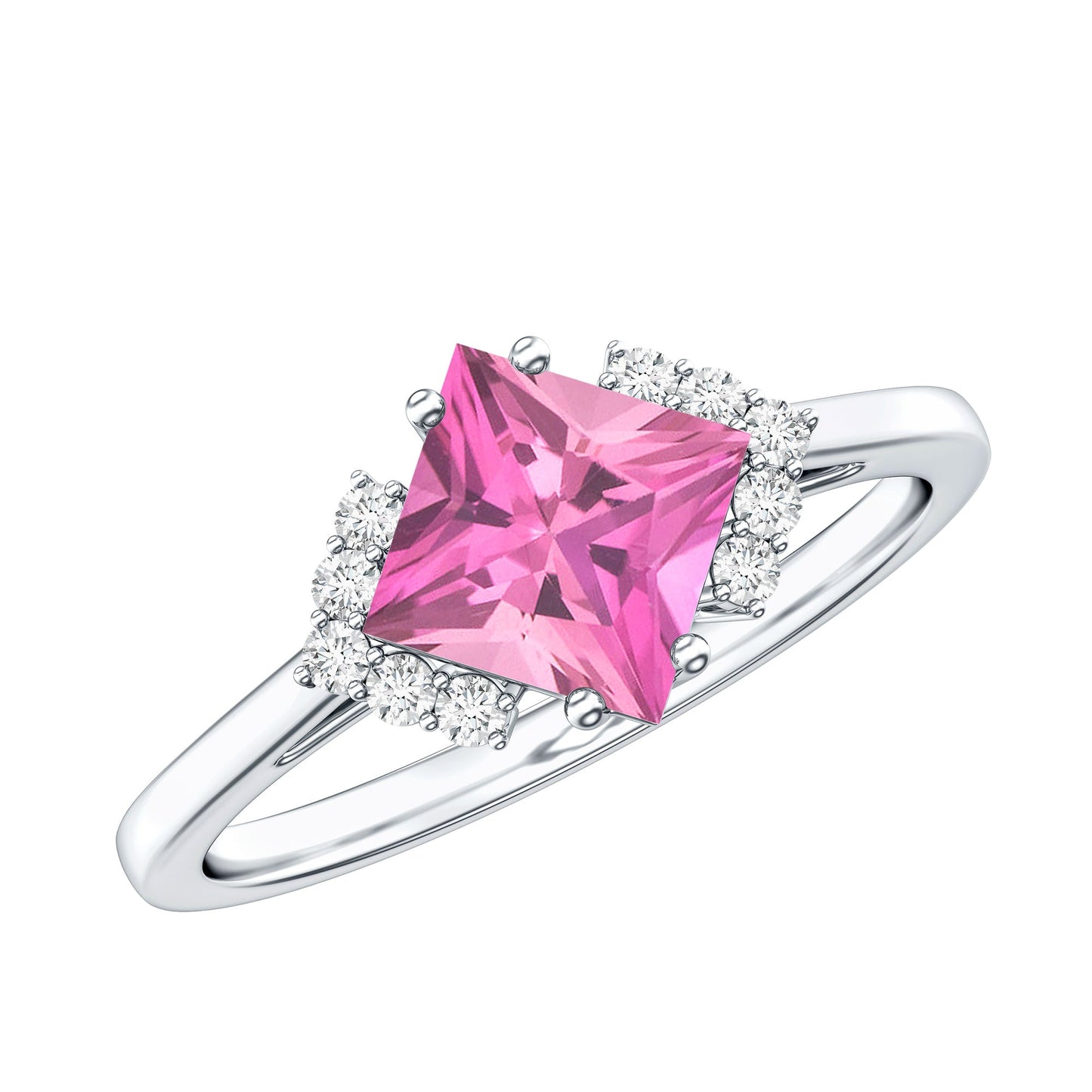 Princess Cut Pink Tourmaline Engagement Ring with Diamond Accent